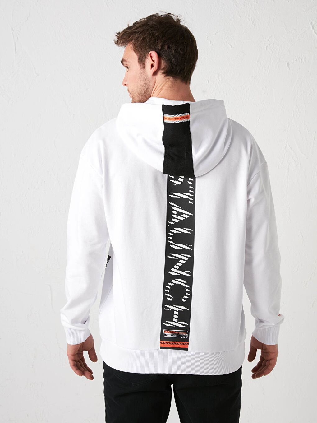 Beyaz Uzun Kollu Baskılı Kalın Erkek Hoodie-4