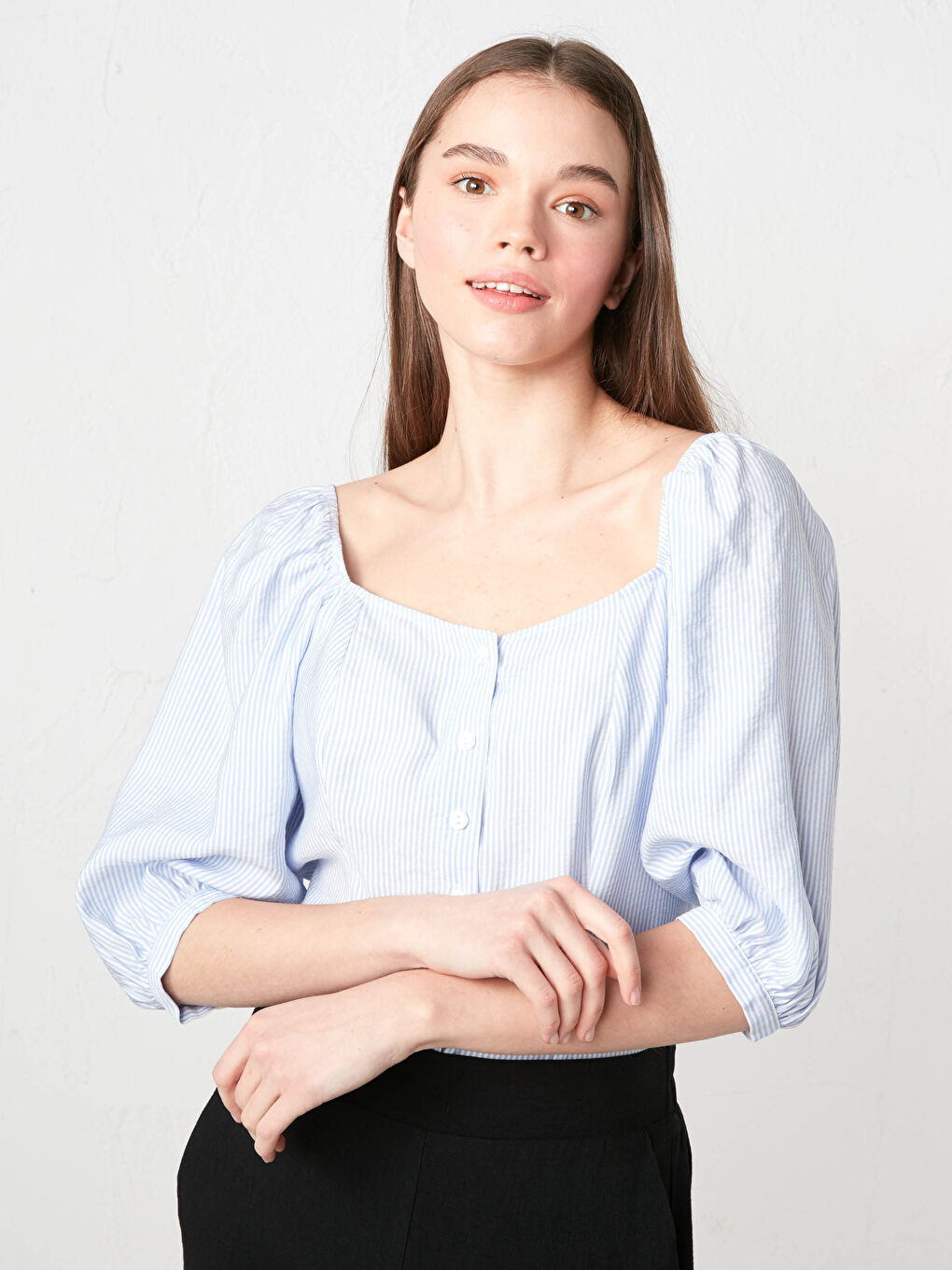 Mavi Kare Yaka Çizgili Slim Fit Kadın Bluz