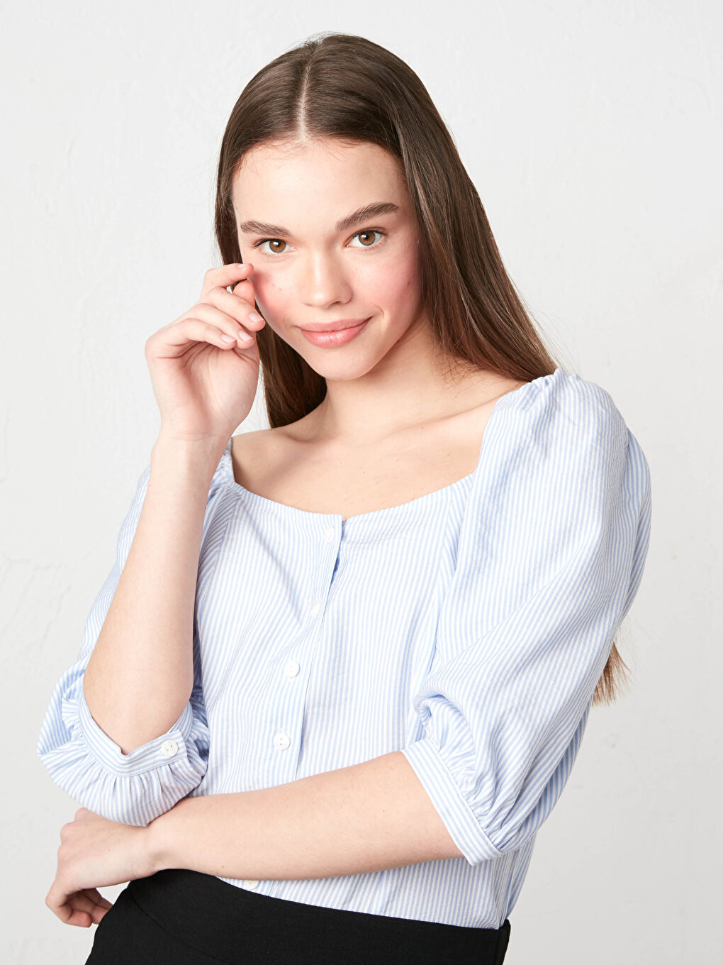 Mavi Kare Yaka Çizgili Slim Fit Kadın Bluz-1