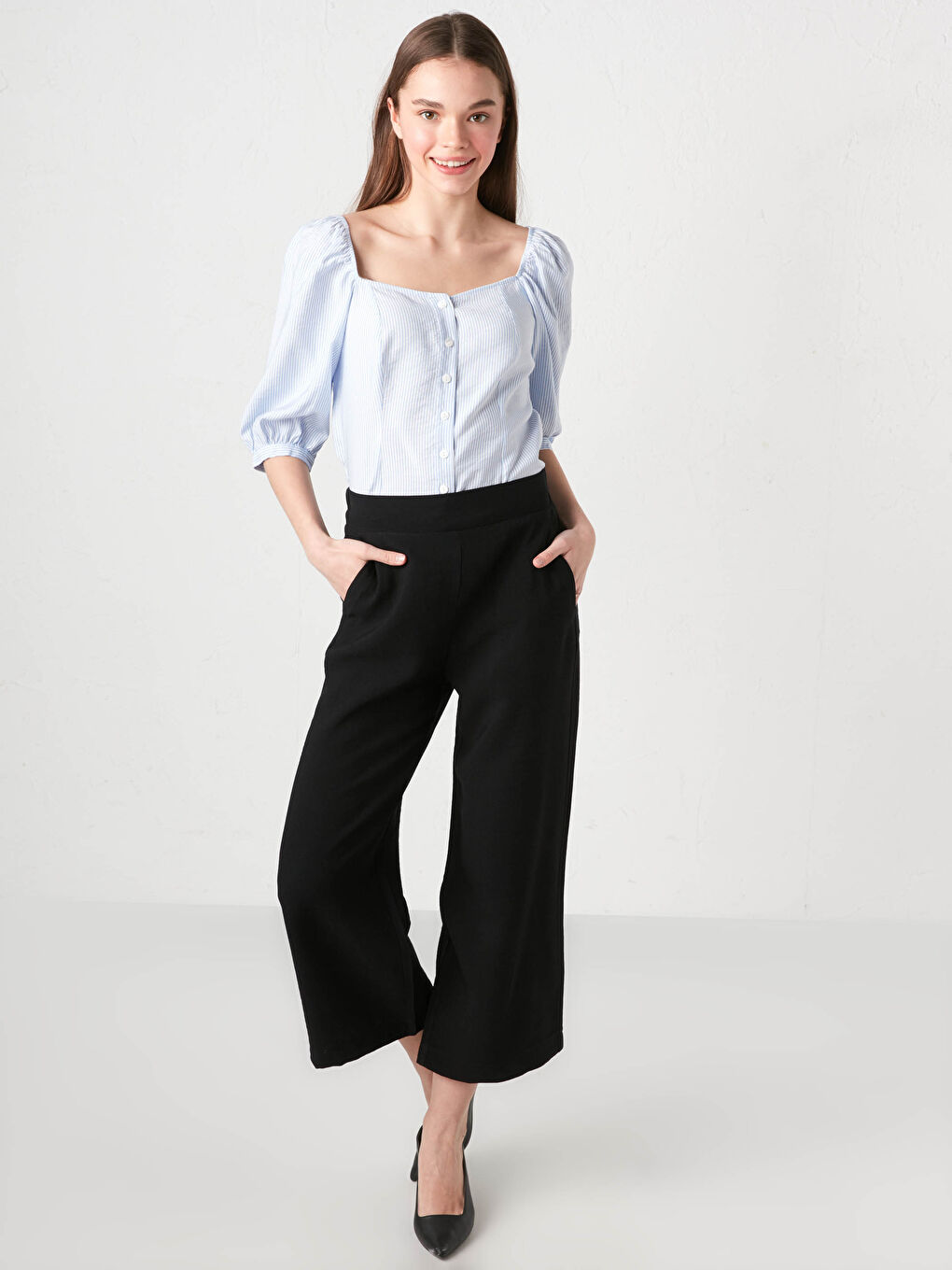 Mavi Kare Yaka Çizgili Slim Fit Kadın Bluz-2