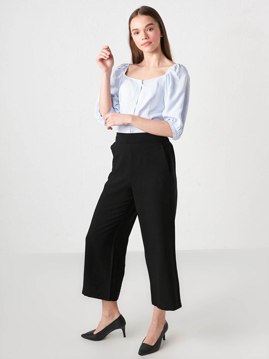 Mavi Kare Yaka Çizgili Slim Fit Kadın Bluz-3