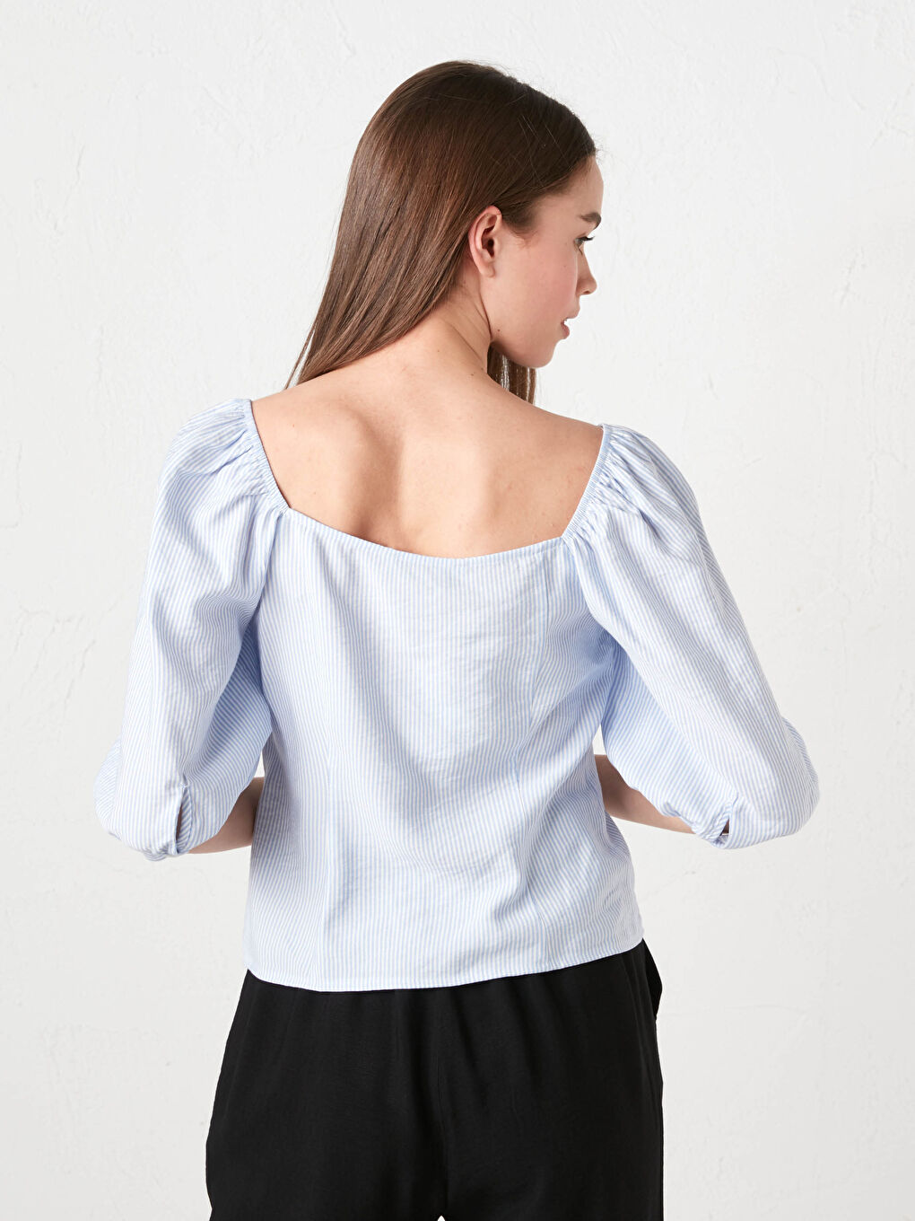 Mavi Kare Yaka Çizgili Slim Fit Kadın Bluz-4