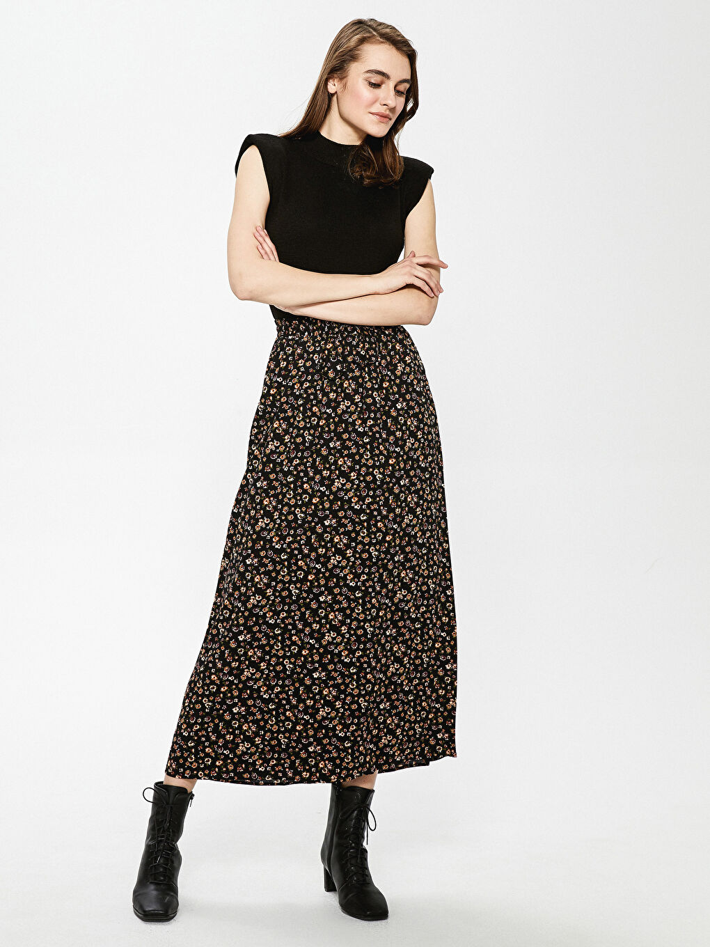 Elastic Waist Floral Printed Belmando Fabric Woman Skirt