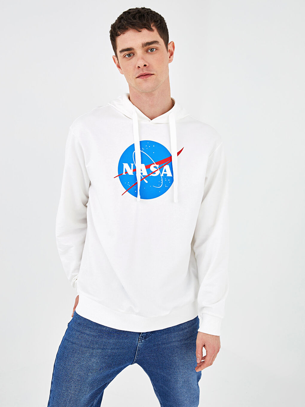 Beyaz Uzun Kollu Nasa Baskılı Erkek Hoodie
