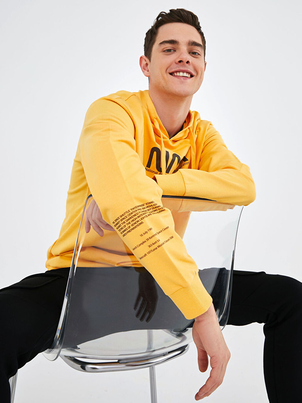 Sarı Uzun Kollu Nasa Baskılı Erkek Hoodie-3