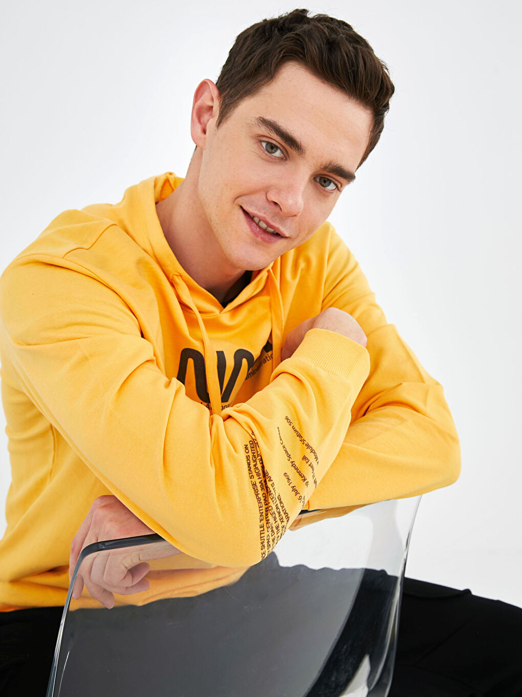 Sarı Uzun Kollu Nasa Baskılı Erkek Hoodie-4