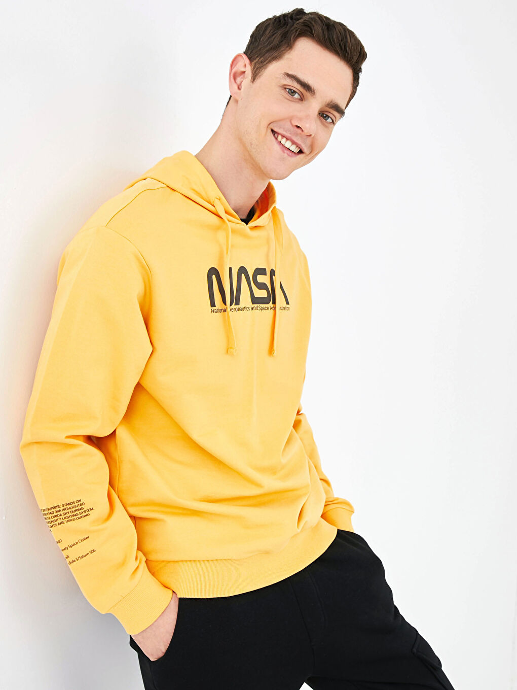 Sarı Uzun Kollu Nasa Baskılı Erkek Hoodie-7