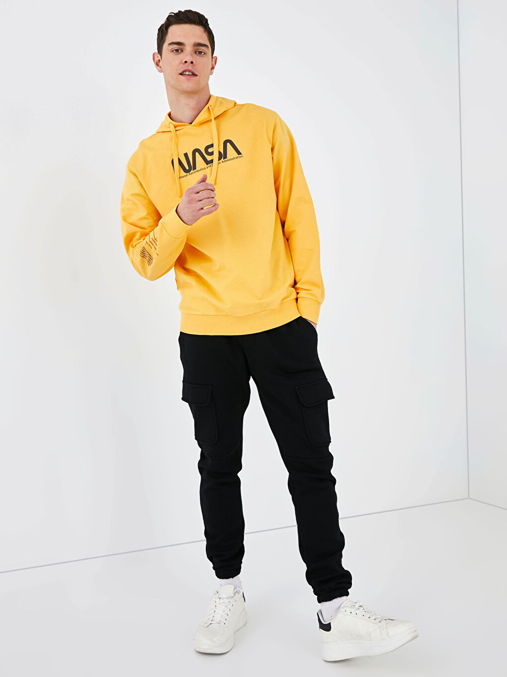 Sarı Uzun Kollu Nasa Baskılı Erkek Hoodie-2