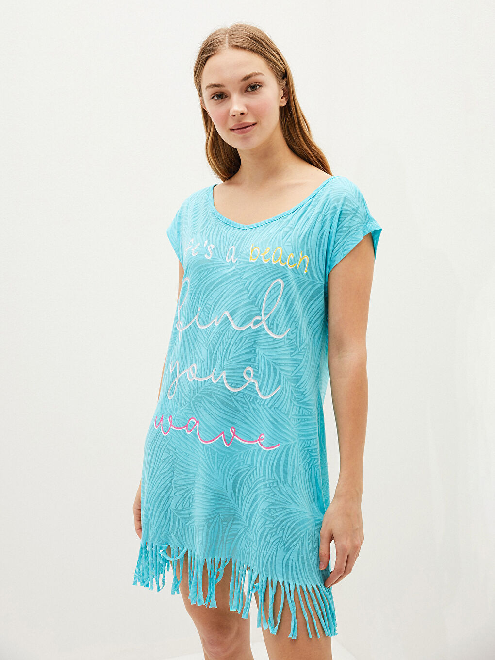 Turkuaz Kayık Yaka Kadın Plaj Elbisesi-2