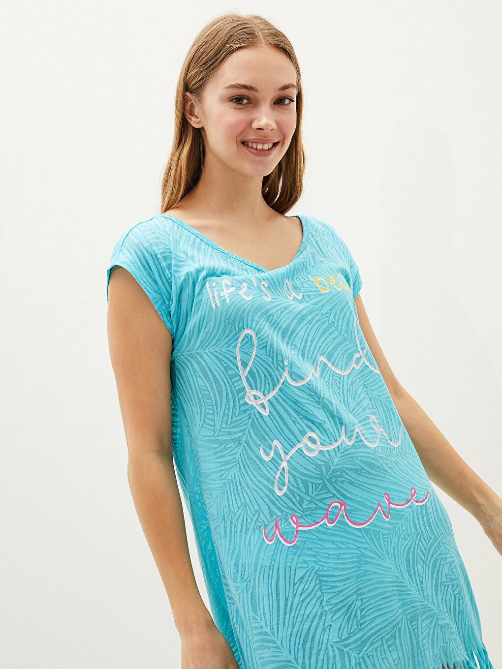 Turkuaz Kayık Yaka Kadın Plaj Elbisesi-3