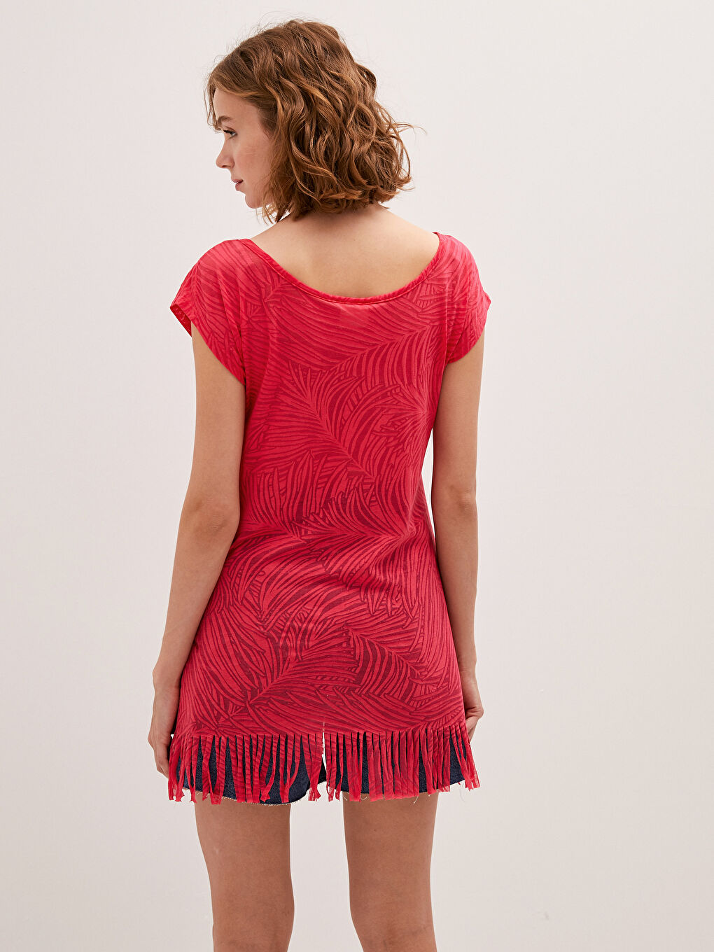 Fuşya Kayık Yaka Kadın Plaj Elbisesi-3