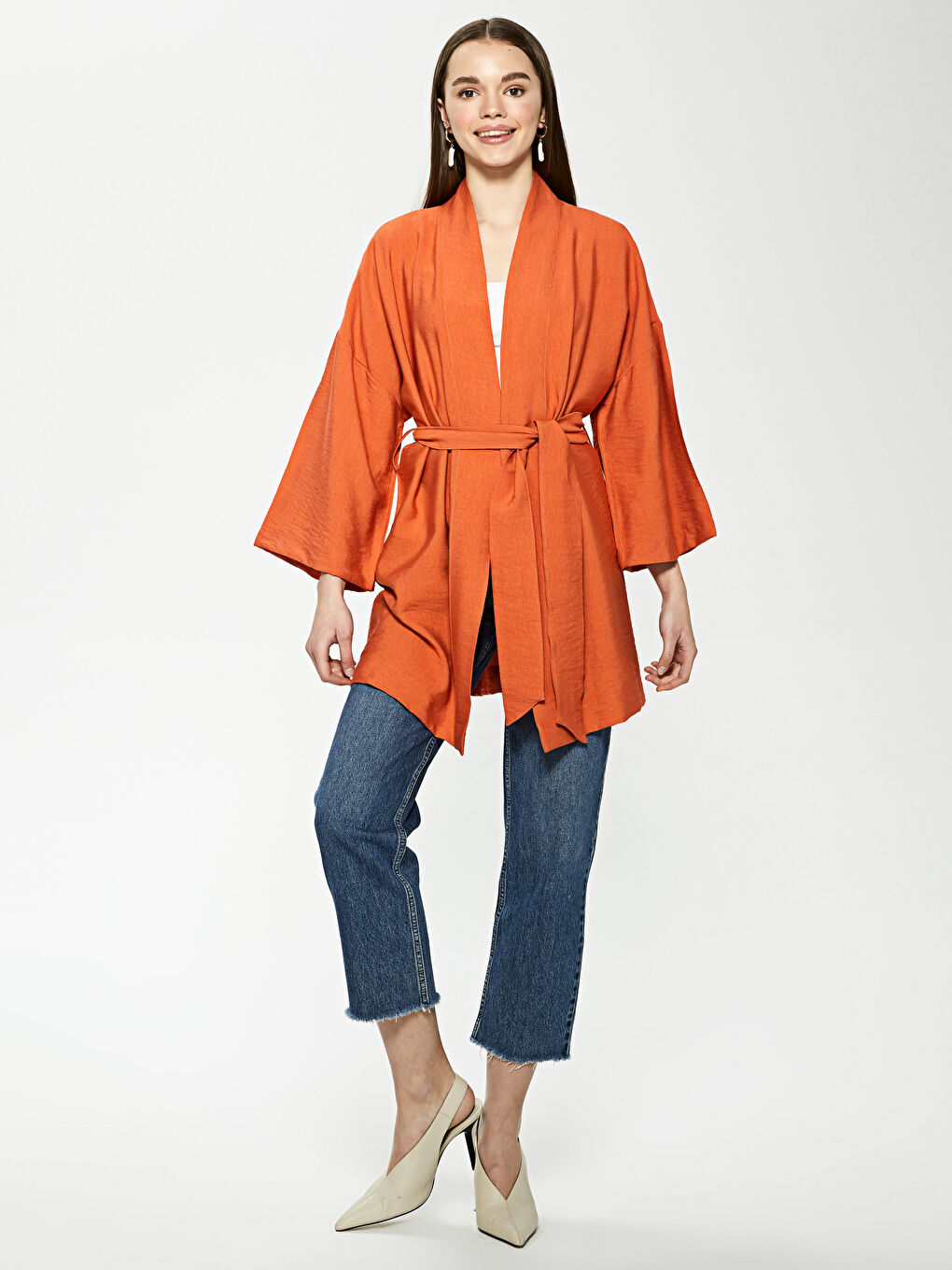 Shawl Collar Tie Detailed Women's Kimono-3