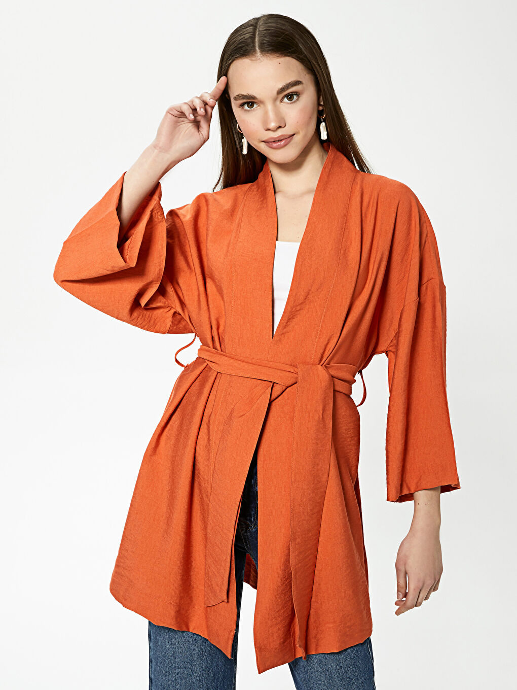 Shawl Collar Tie Detailed Women's Kimono-6