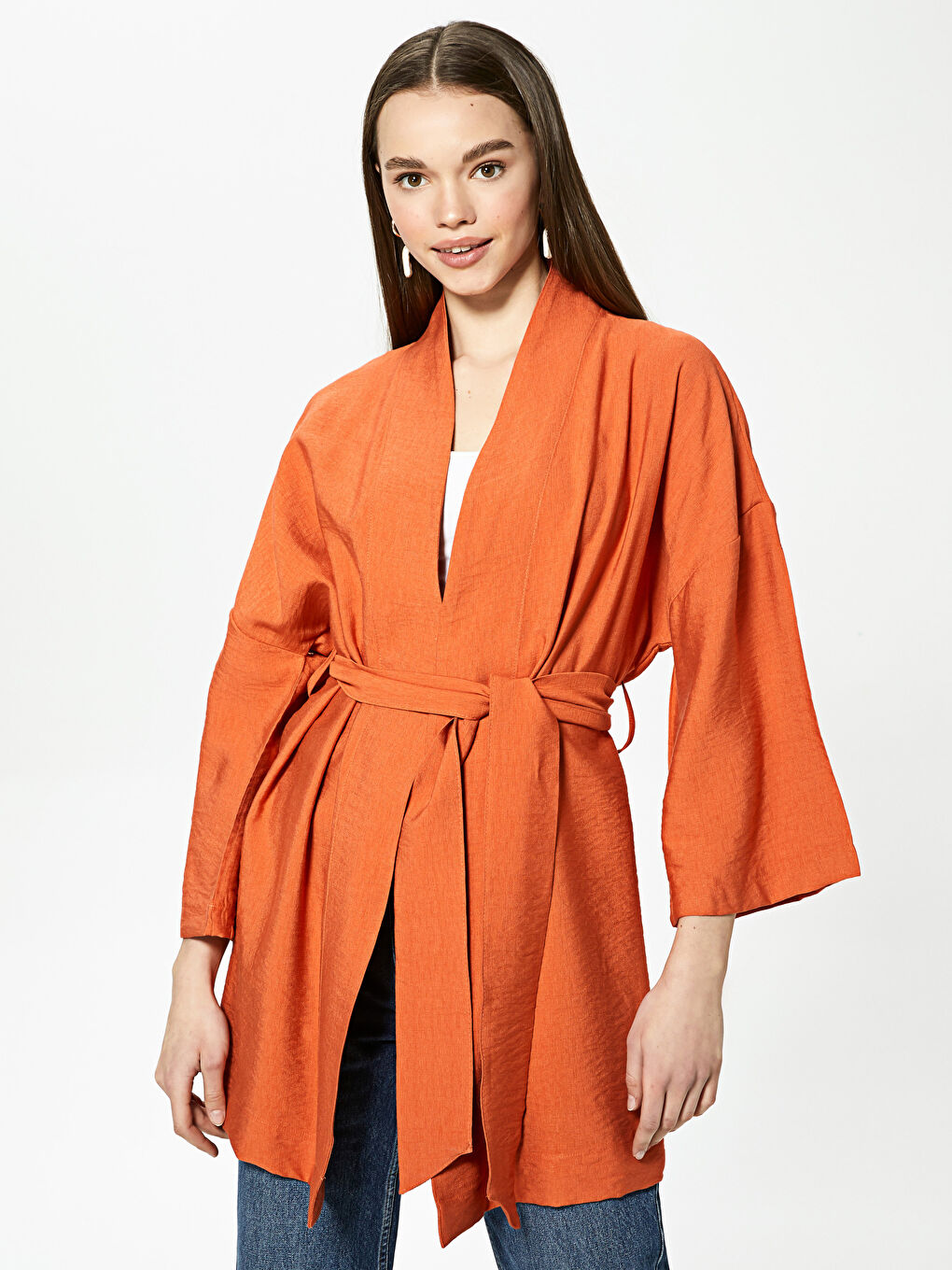 Shawl Collar Tie Detailed Women's Kimono-2