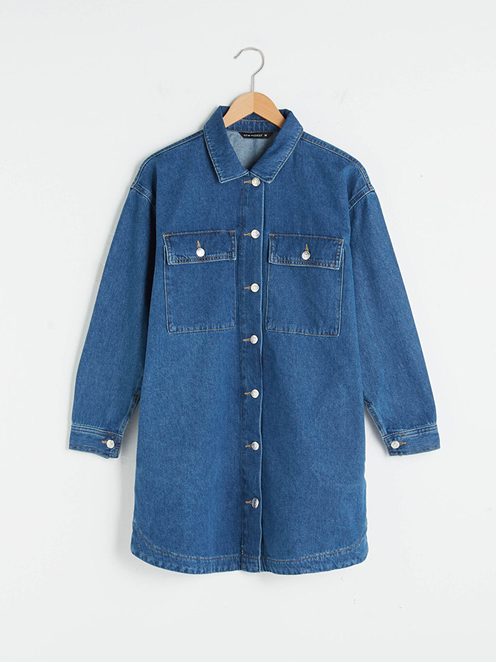 İndigo Gömlek Yaka Cep Detaylı Uzun Kollu Kadın Jean Ceket-5