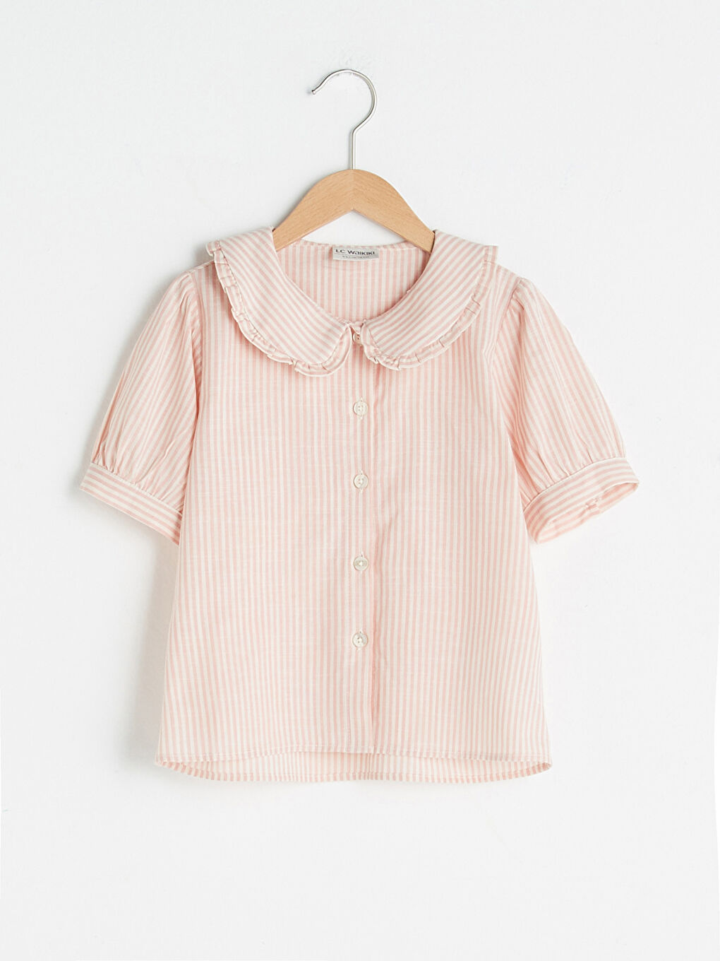 Striped Ruffle Detail Short Sleeve Poplin Girl Shirt