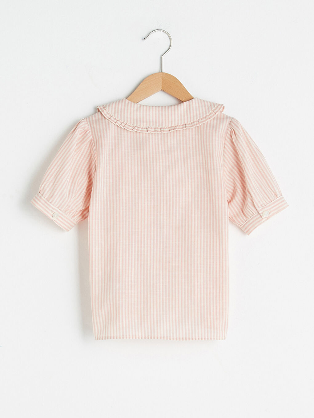 Striped Ruffle Detail Short Sleeve Poplin Girl Shirt-1