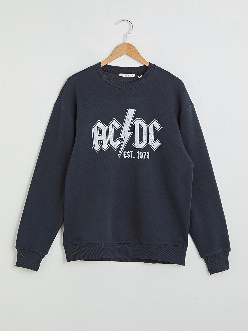 Antrasit Bisiklet Yaka Uzun Kollu AC/DC Baskılı Erkek Sweatshirt-6