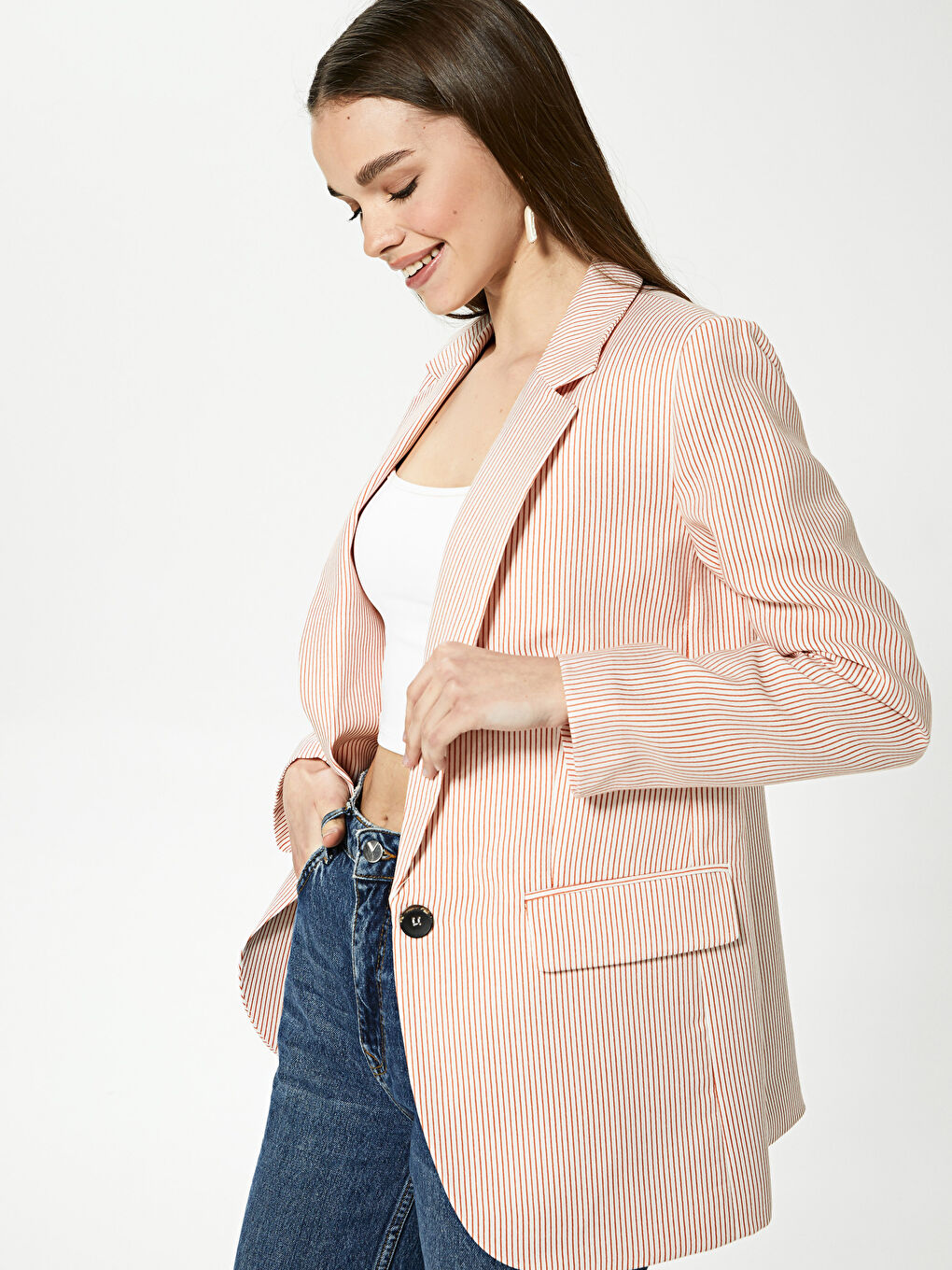 Женский полосатый пиджак с длинным рукавом и застежкой на пуговицы-1