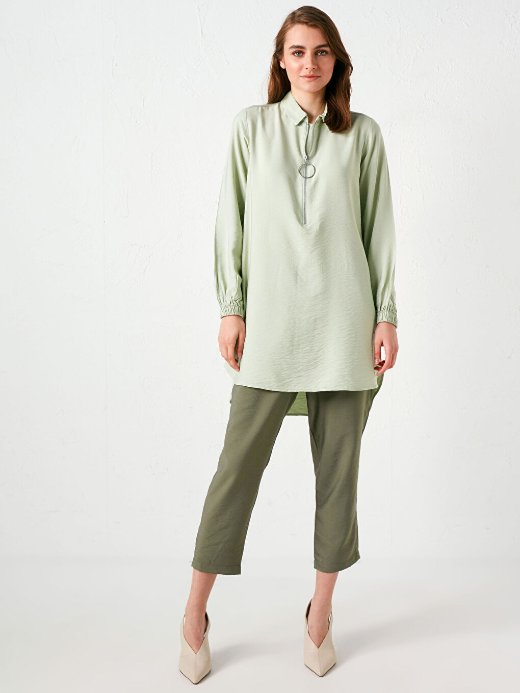 Women's Tunic With Shirt Collar Zipper Detailed Long Sleeve-2