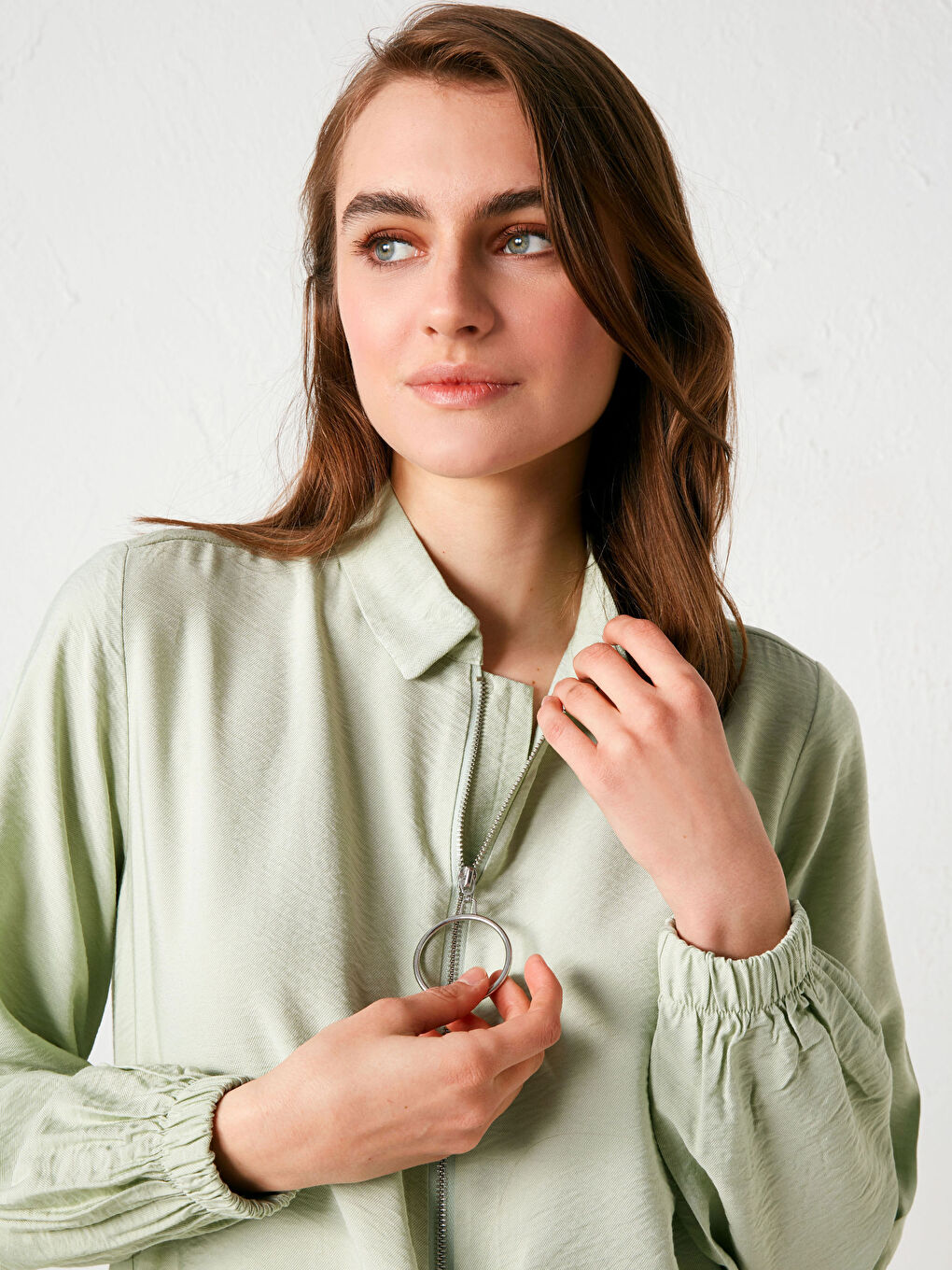 Women's Tunic With Shirt Collar Zipper Detailed Long Sleeve-3