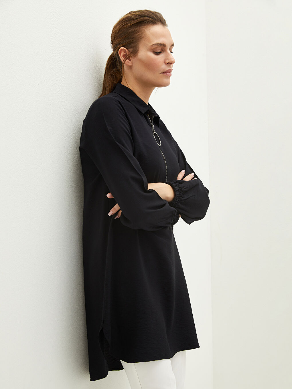 Women's Tunic With Shirt Collar Zipper Detailed Long Sleeve-1