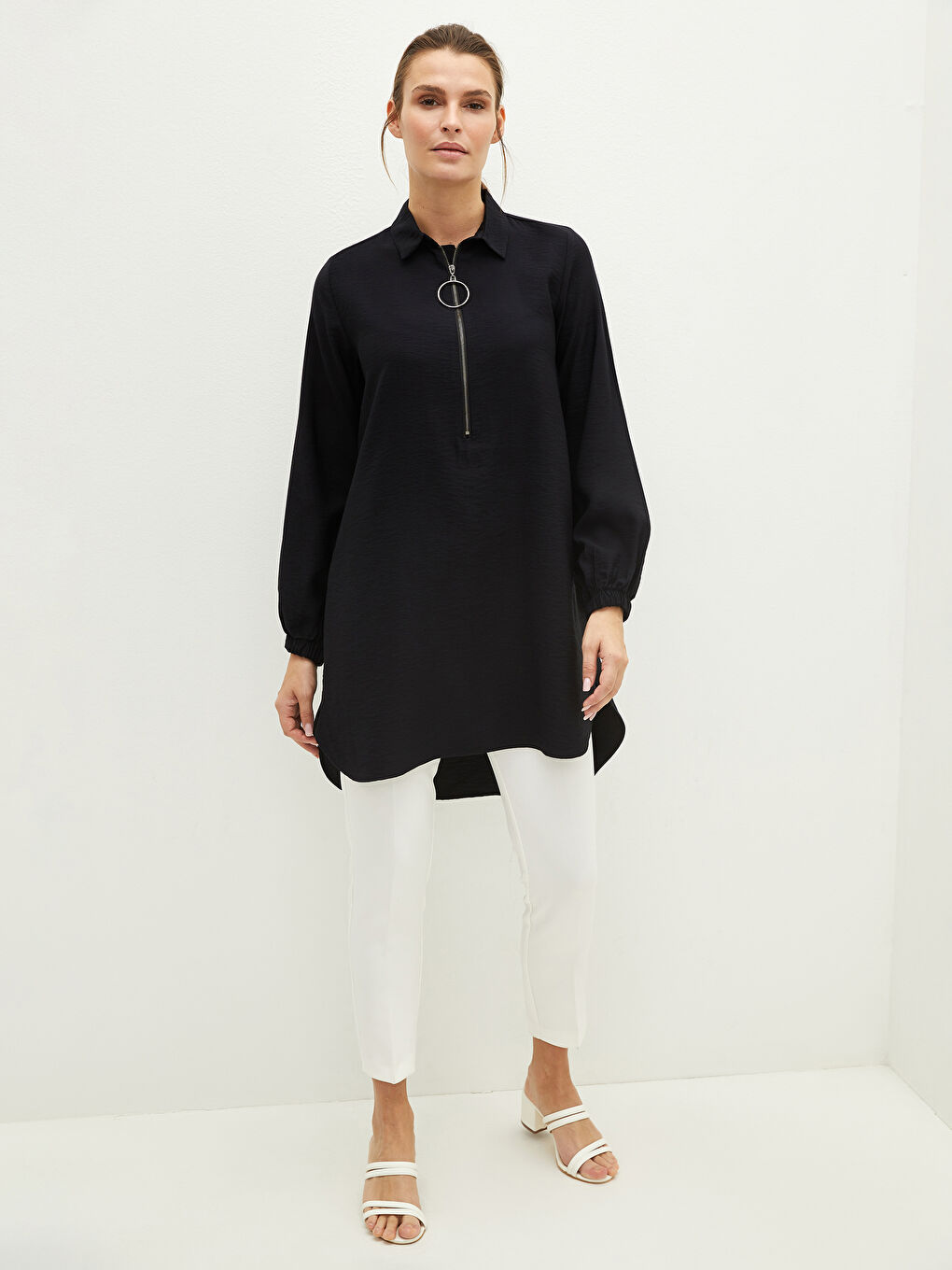Women's Tunic With Shirt Collar Zipper Detailed Long Sleeve-2