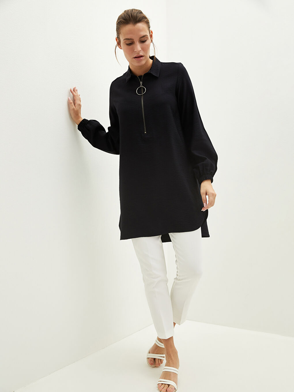 Women's Tunic With Shirt Collar Zipper Detailed Long Sleeve-4