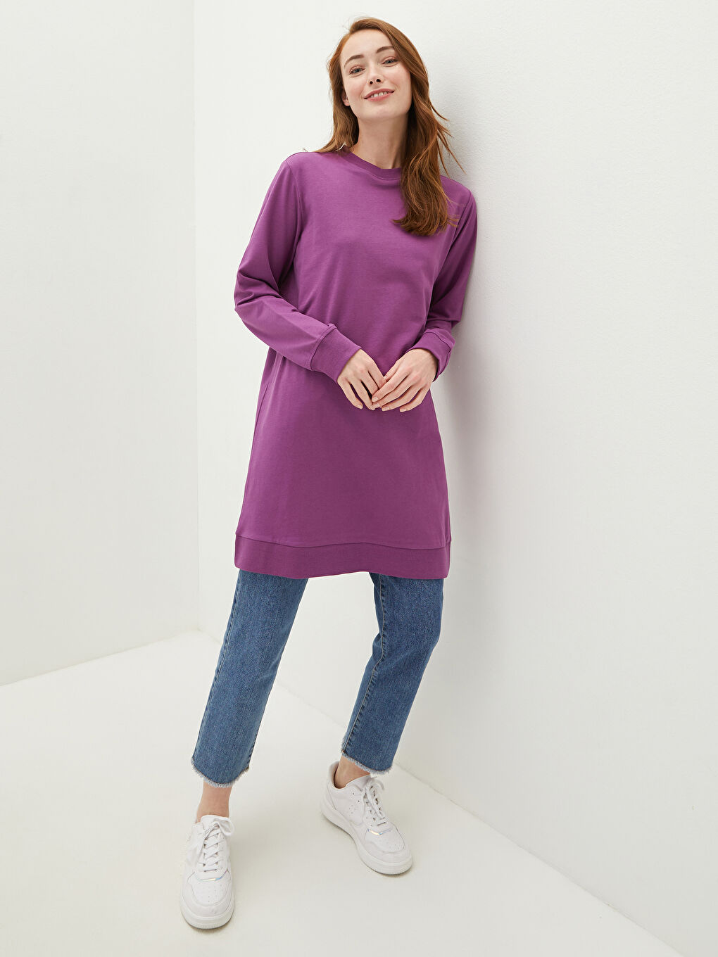 Crew Neck Plain Long Sleeve Women's Sweatshirt Tunic -S1ER59Z8-Q9Q