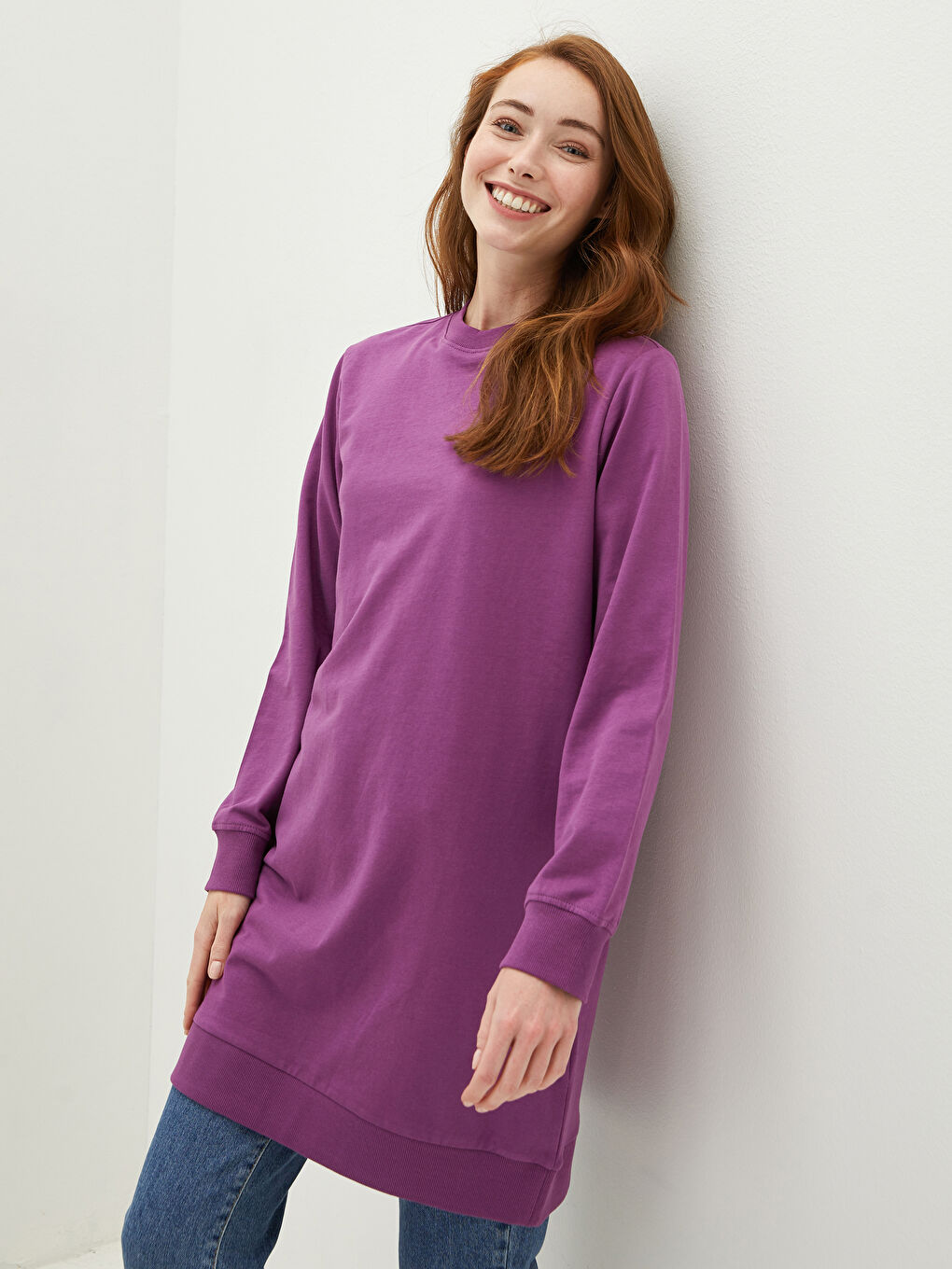 Crew Neck Plain Long Sleeve Women's Sweatshirt Tunic -S1ER59Z8-Q9Q