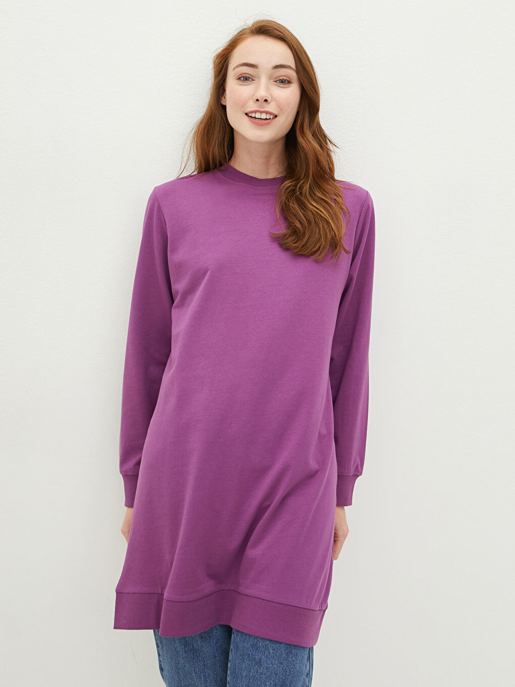 Crew Neck Plain Long Sleeve Women's Sweatshirt Tunic -S1ER59Z8-Q9Q