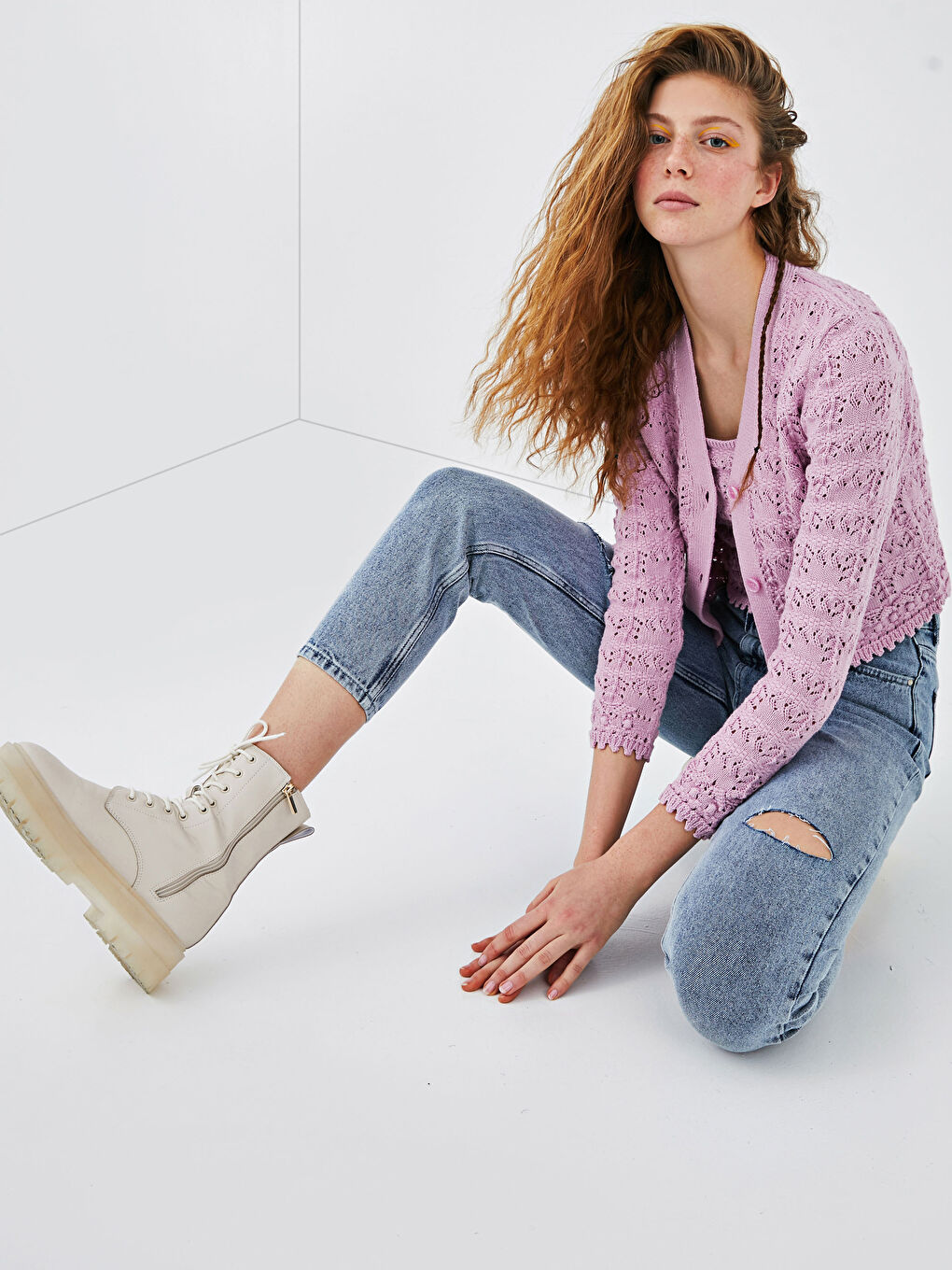 V Neck Patterned Women's Knitwear Cardigan-2