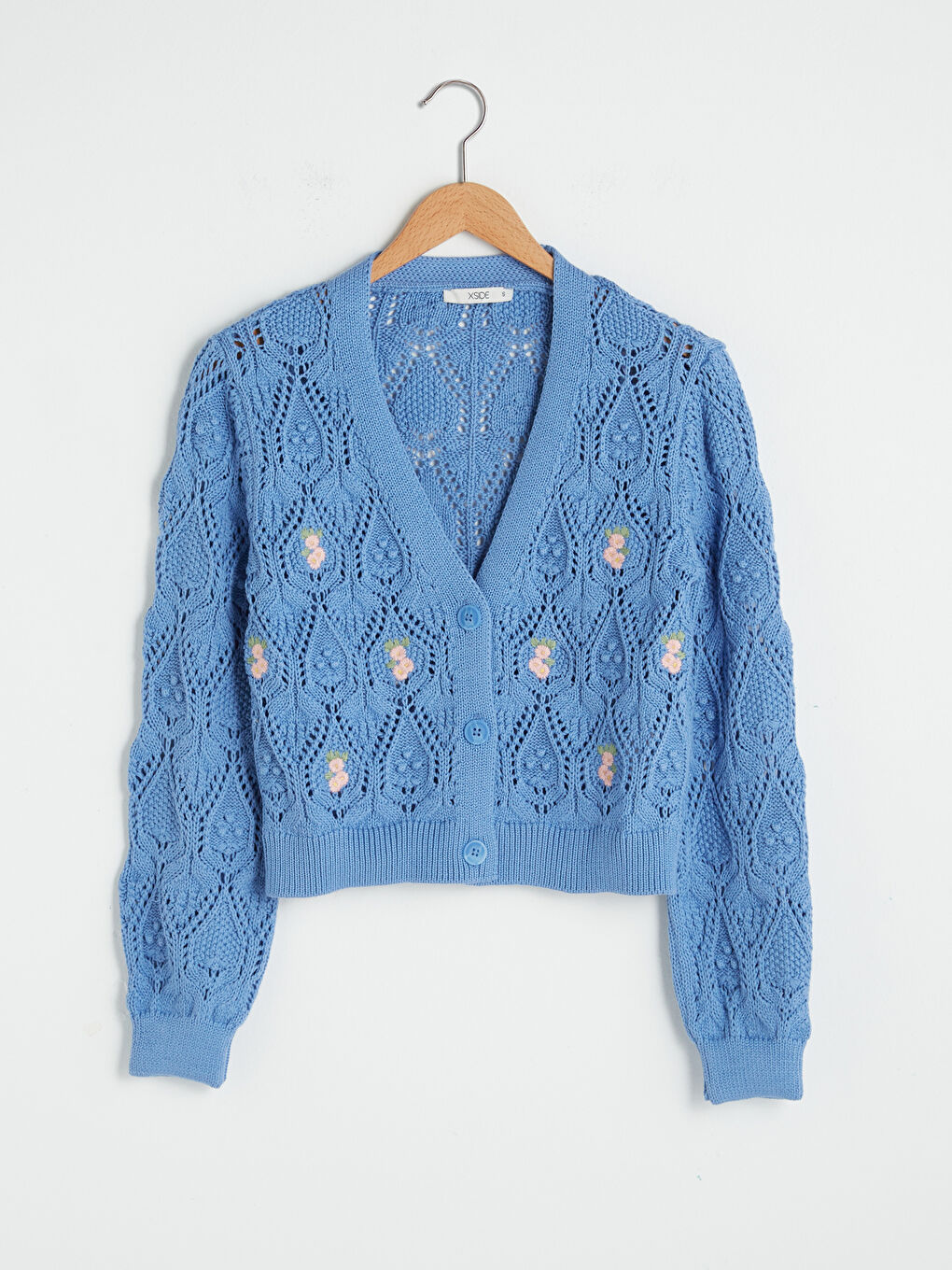 Mavi V Yaka Çiçek Nakışlı Uzun Kollu Kadın Triko Hırka-7