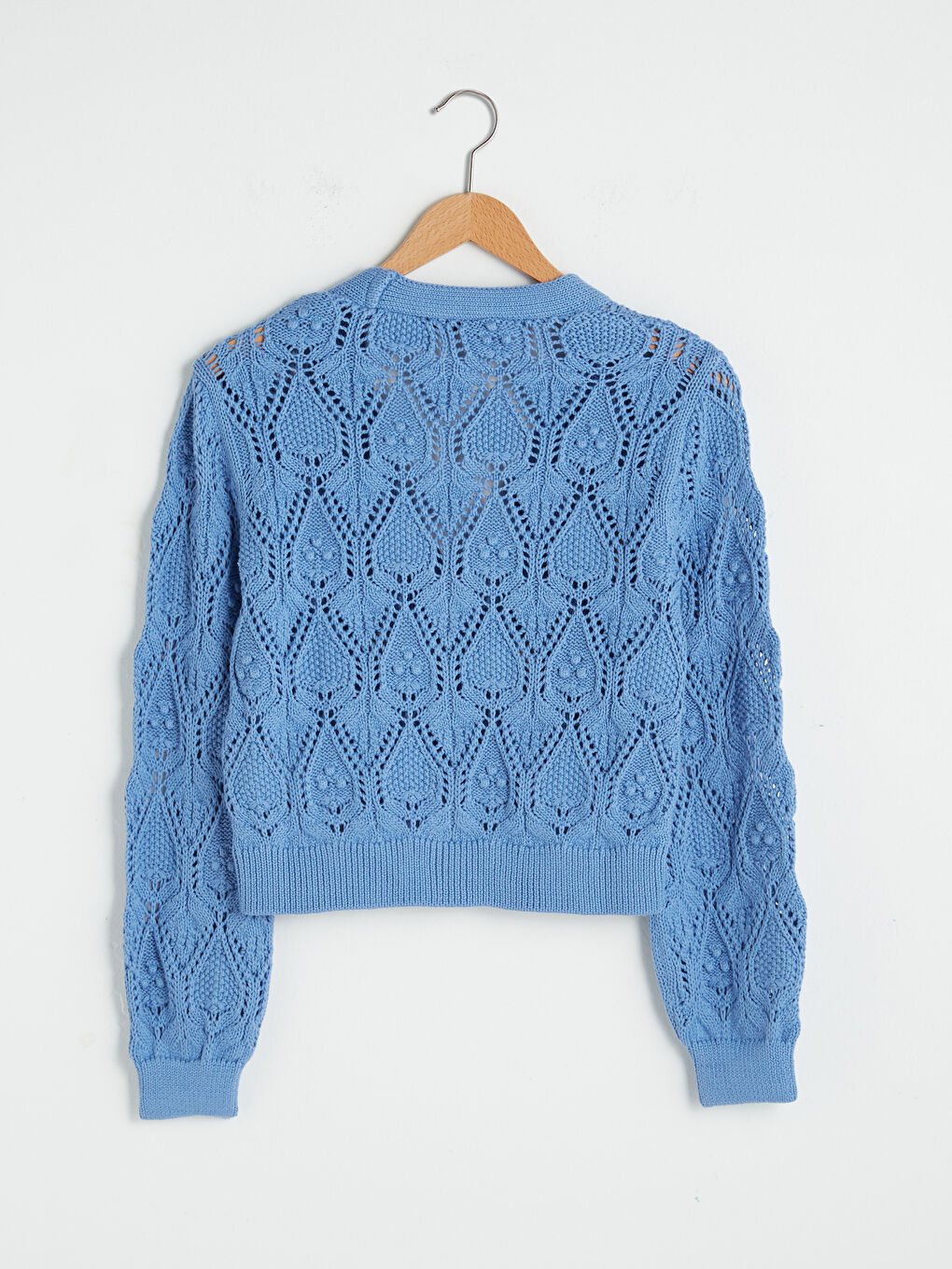 Mavi V Yaka Çiçek Nakışlı Uzun Kollu Kadın Triko Hırka-8