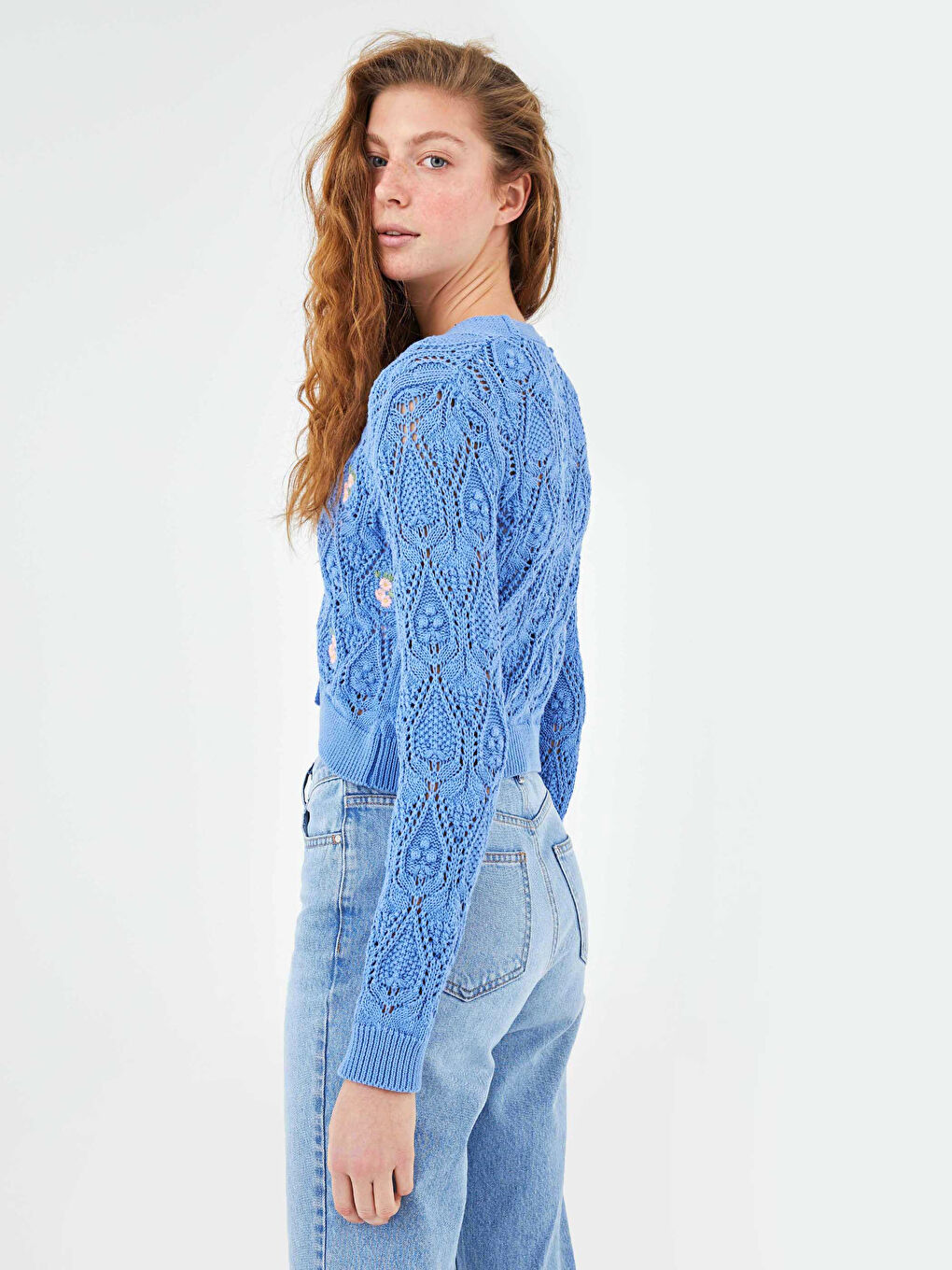 Mavi V Yaka Çiçek Nakışlı Uzun Kollu Kadın Triko Hırka-5