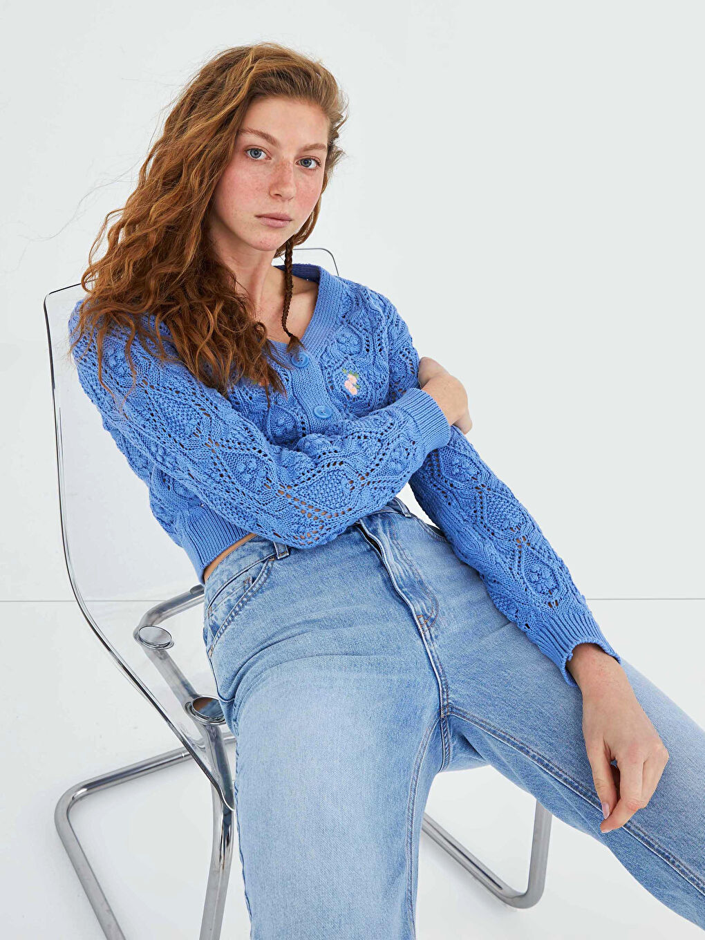 Mavi V Yaka Çiçek Nakışlı Uzun Kollu Kadın Triko Hırka-6