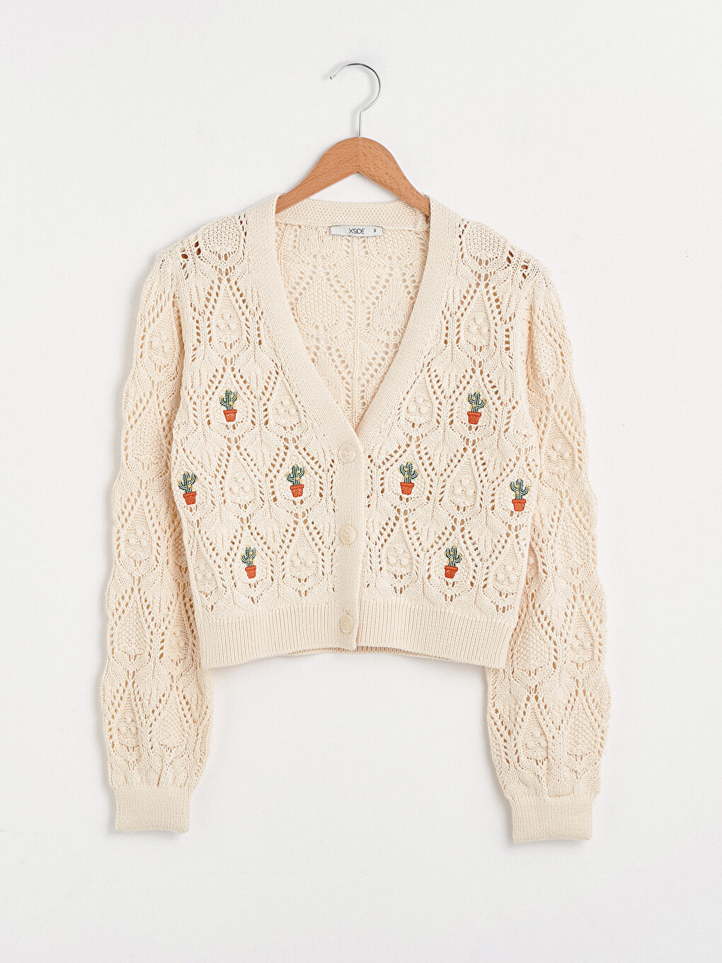 Ekru V Yaka Desenli Kadın Triko Hırka-8