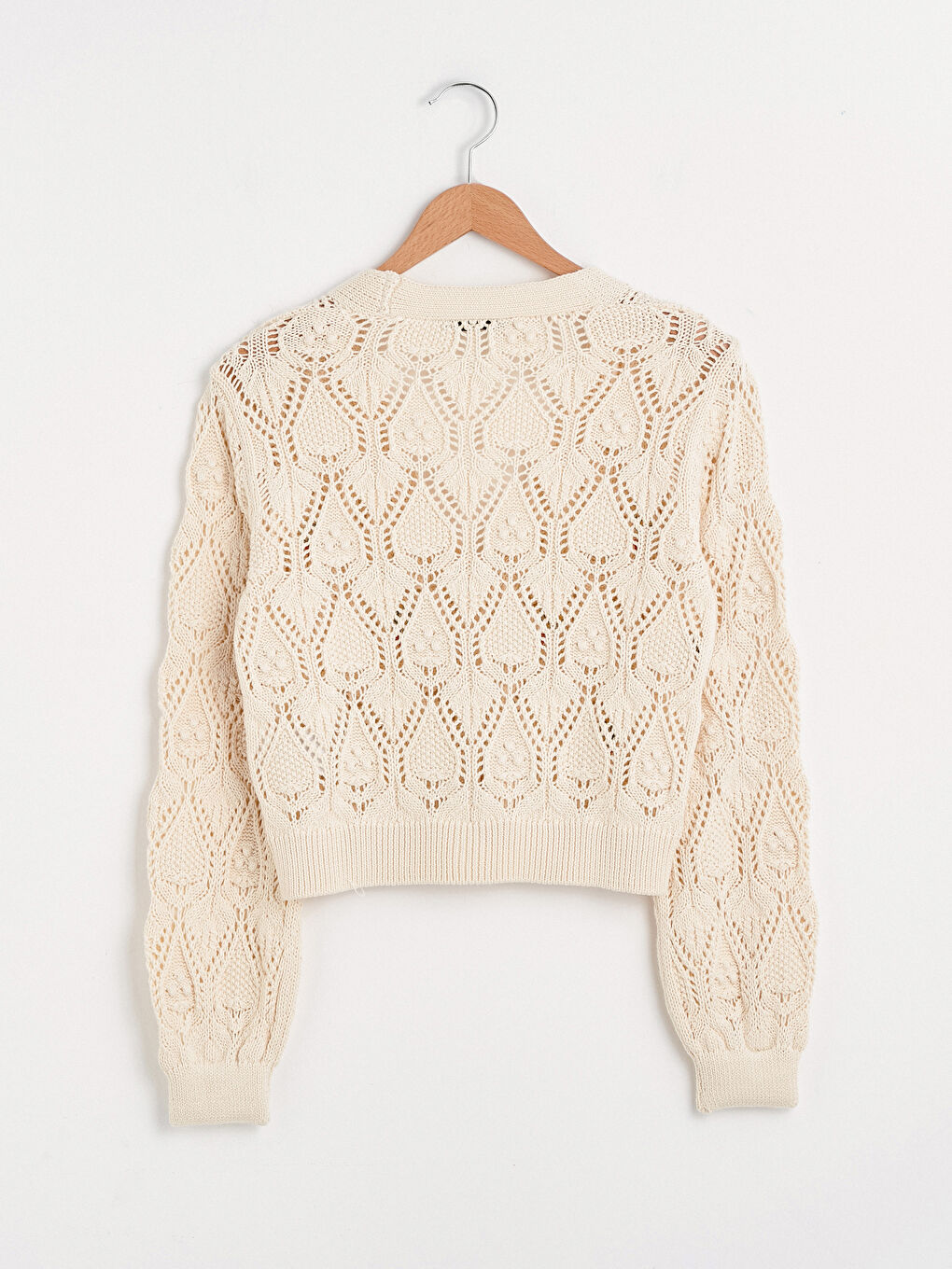 Ekru V Yaka Desenli Kadın Triko Hırka-9