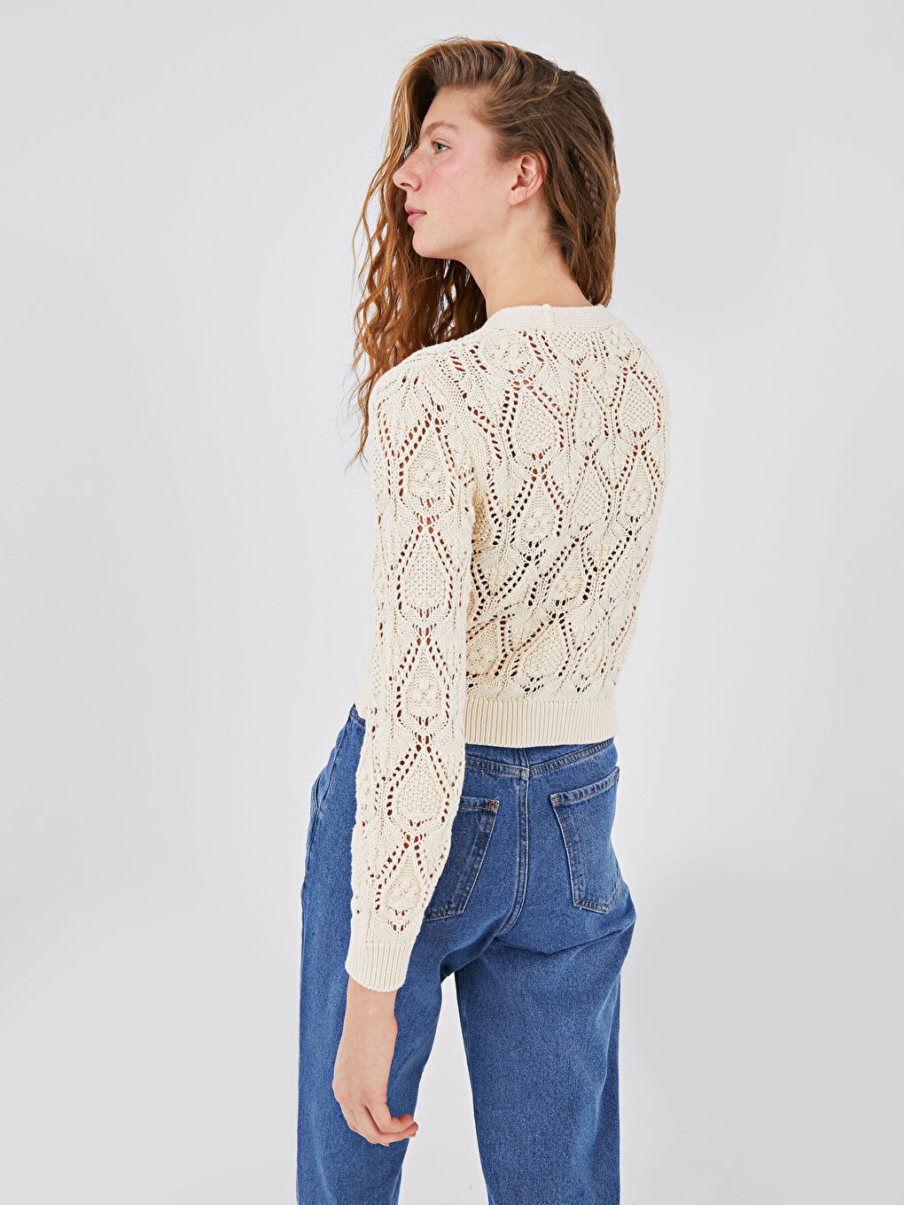 Ekru V Yaka Desenli Kadın Triko Hırka-6