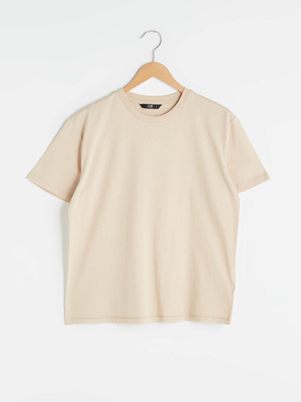 Bej Bisiklet Yaka Düz Kısa Kollu Pamuklu Kadın Tişört-5