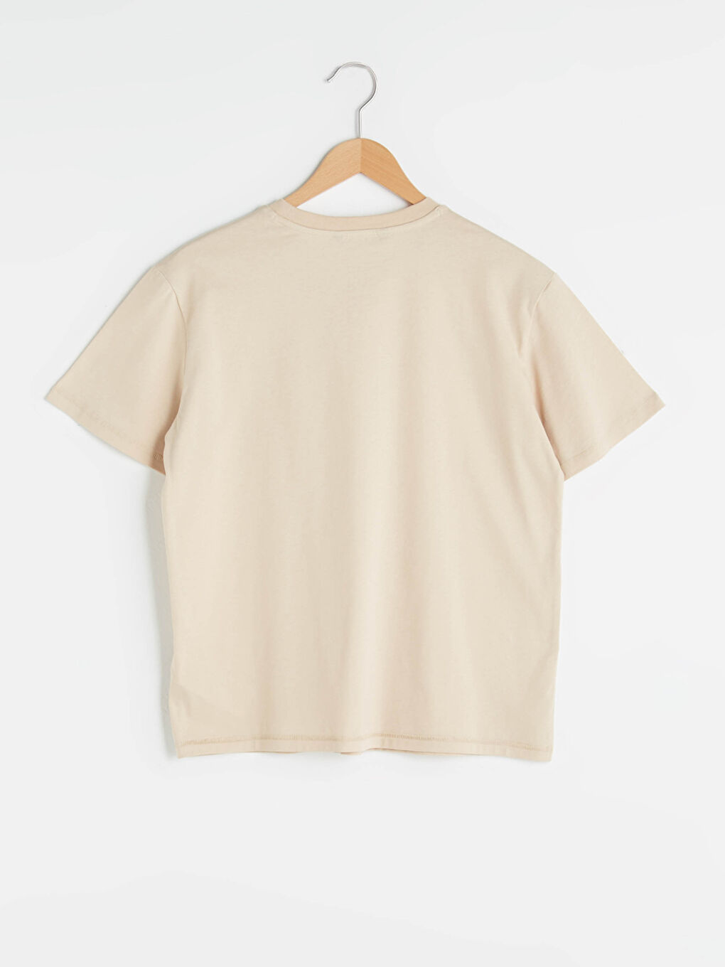 Bej Bisiklet Yaka Düz Kısa Kollu Pamuklu Kadın Tişört-6