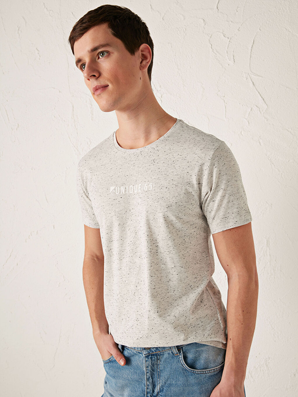 Antrasit Bisiklet Yaka Baskılı Penye Tişört