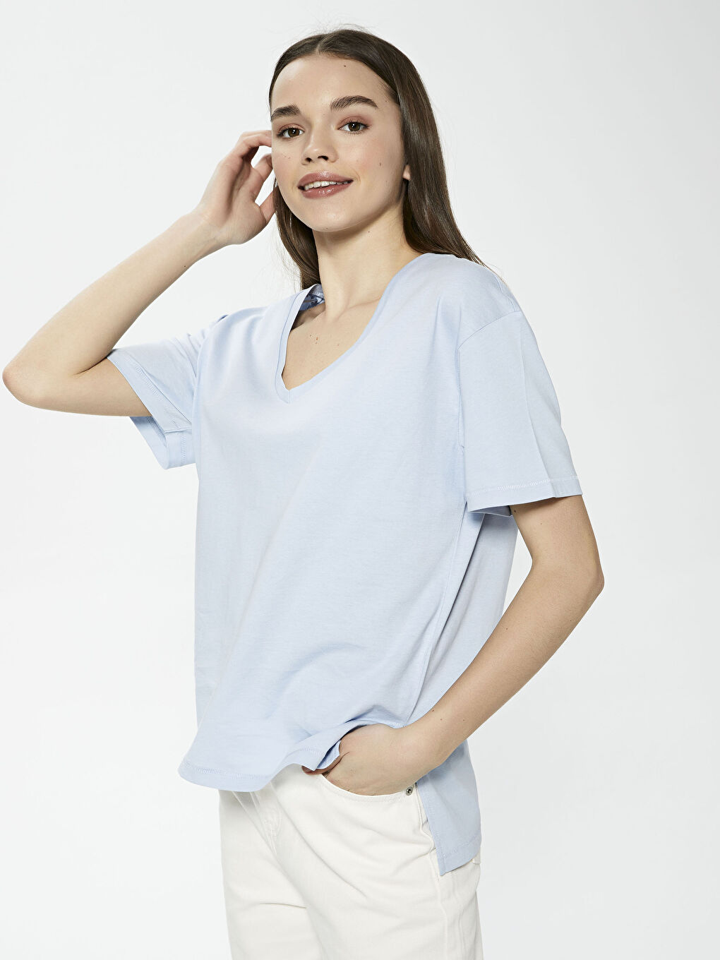 V Neck Straight Short Sleeve Cotton Women's  T-Shirt-1