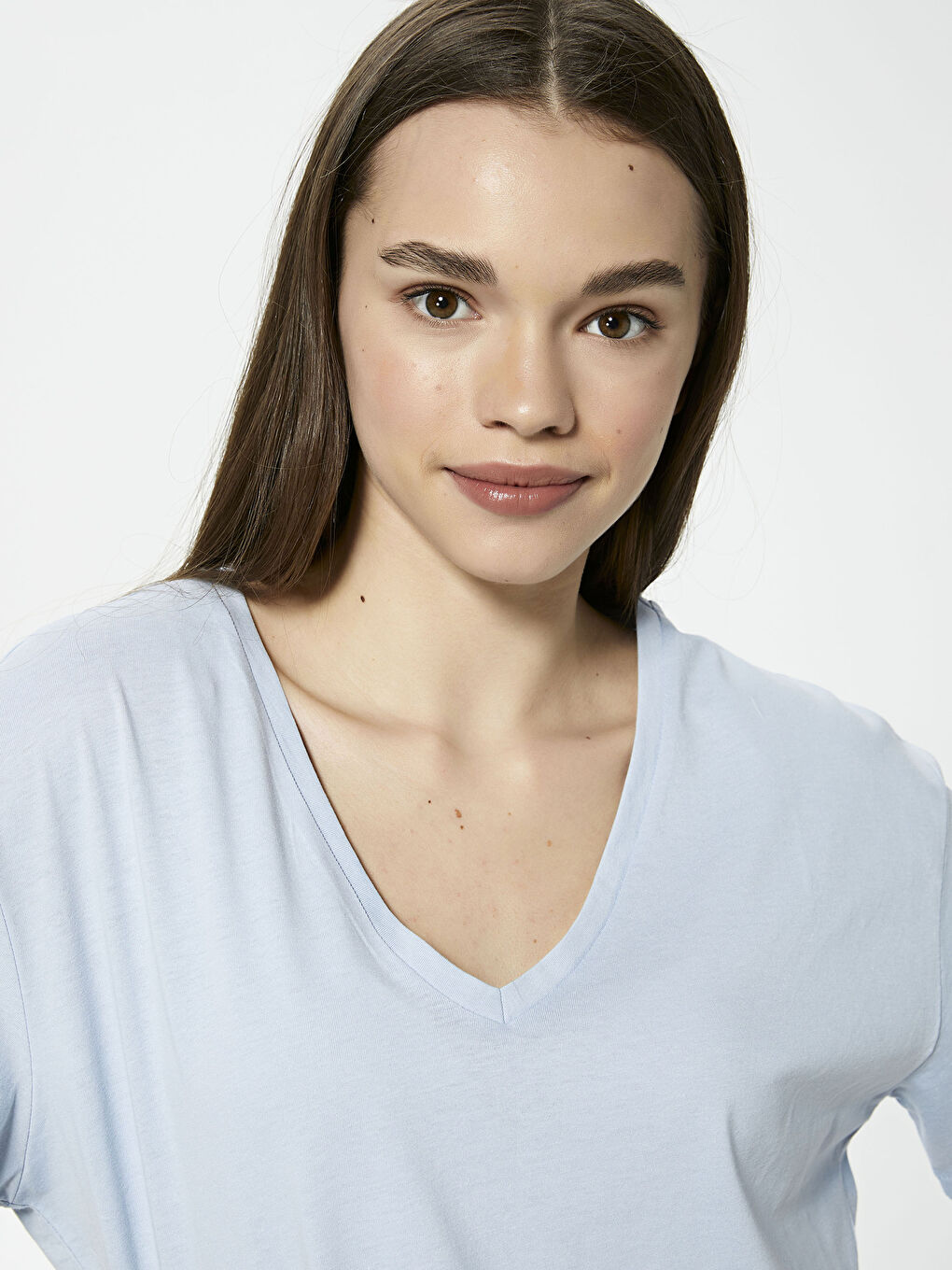 V Neck Straight Short Sleeve Cotton Women's  T-Shirt-2