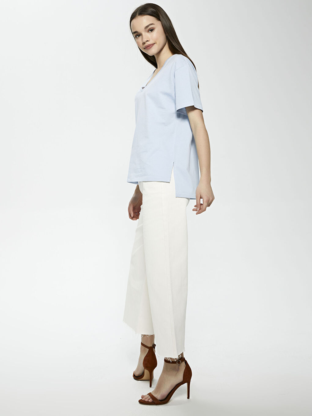 V Neck Straight Short Sleeve Cotton Women's  T-Shirt-3