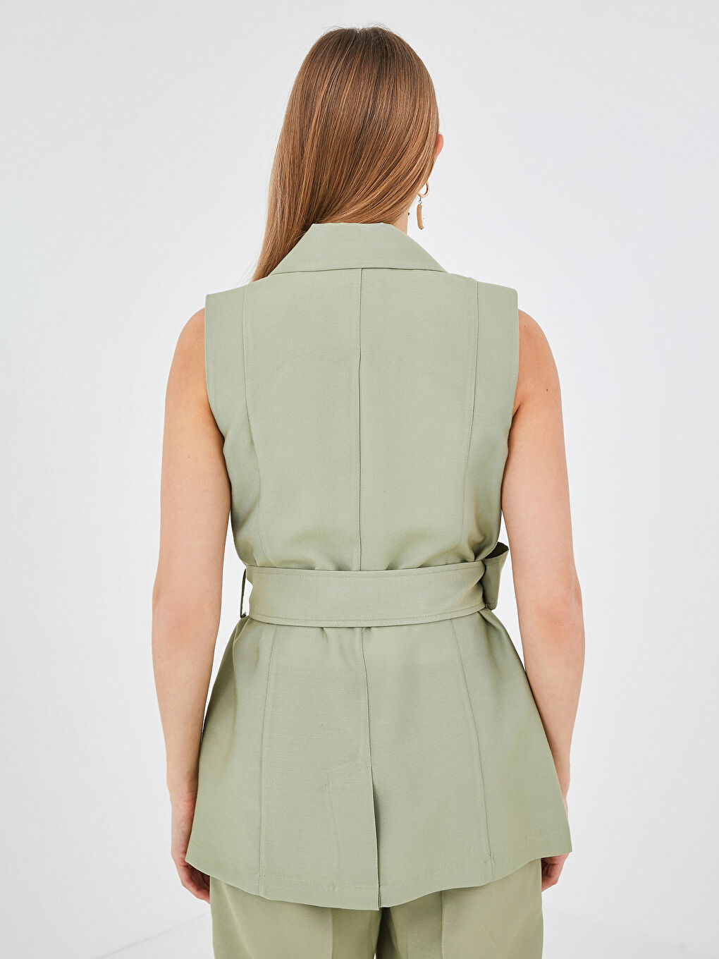 Women's Jacket Collar Straight Belt Detailed Sleeveless Vest-4