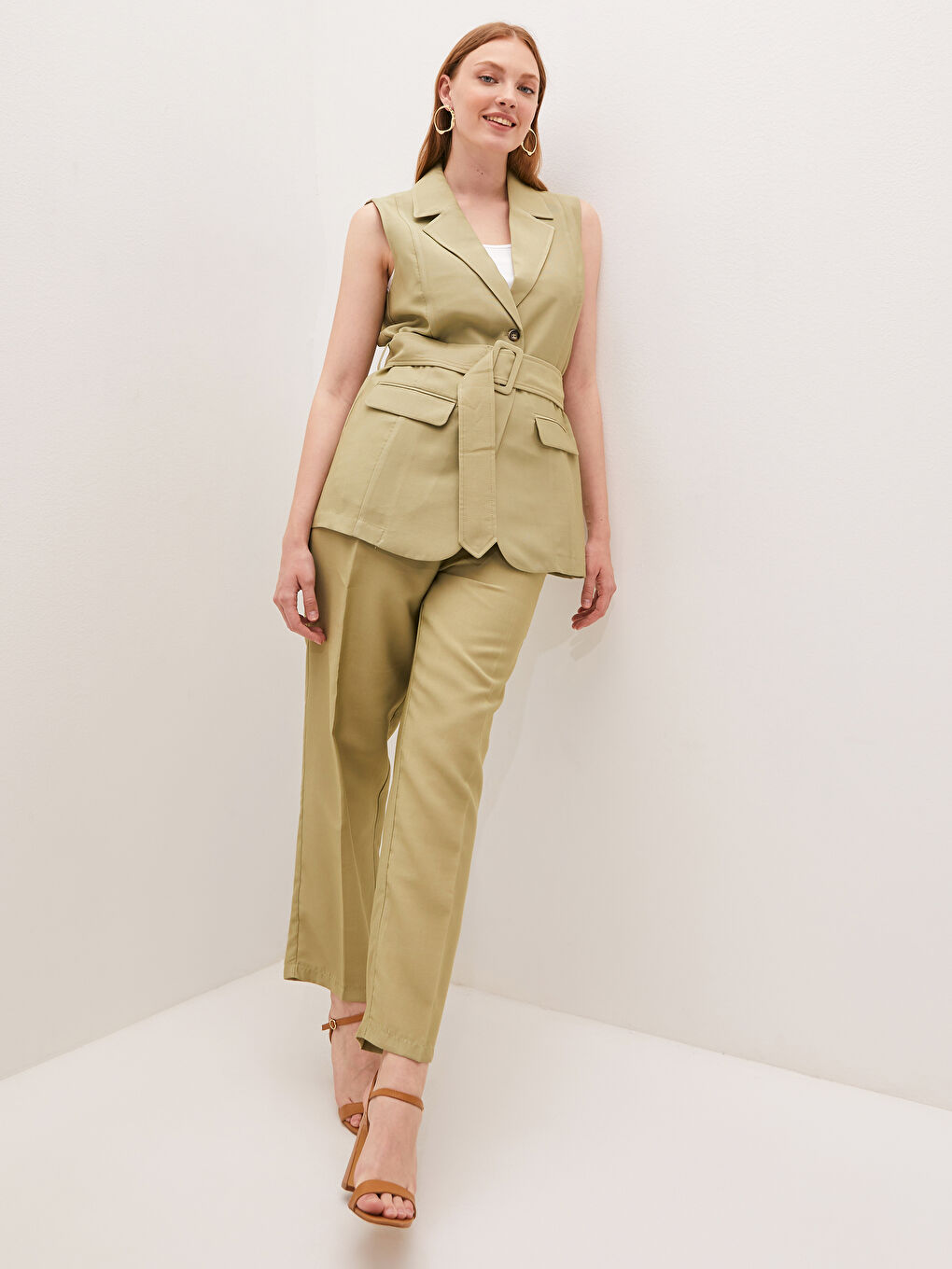 Women's Jacket Collar Straight Belt Detailed Sleeveless Vest-8
