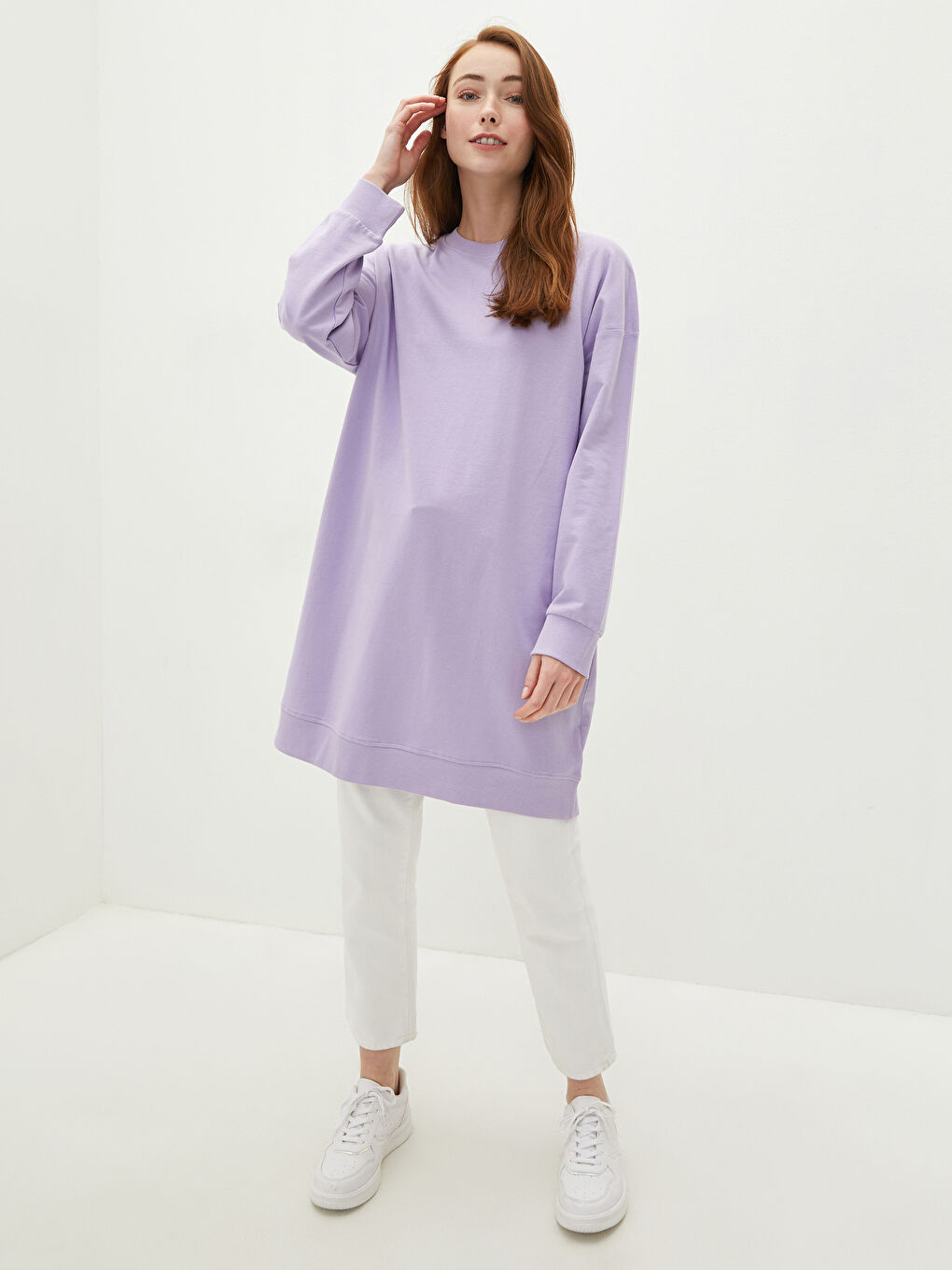 Crew Neck Plain Long Sleeve Women's Sweatshirt Tunic -S1ET17Z8-QTW