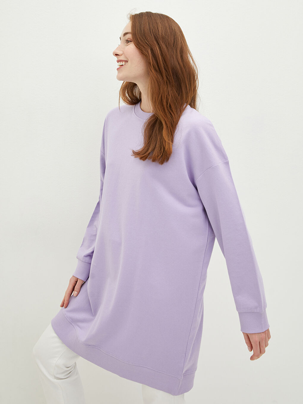 Crew Neck Plain Long Sleeve Women's Sweatshirt Tunic -S1ET17Z8-QTW