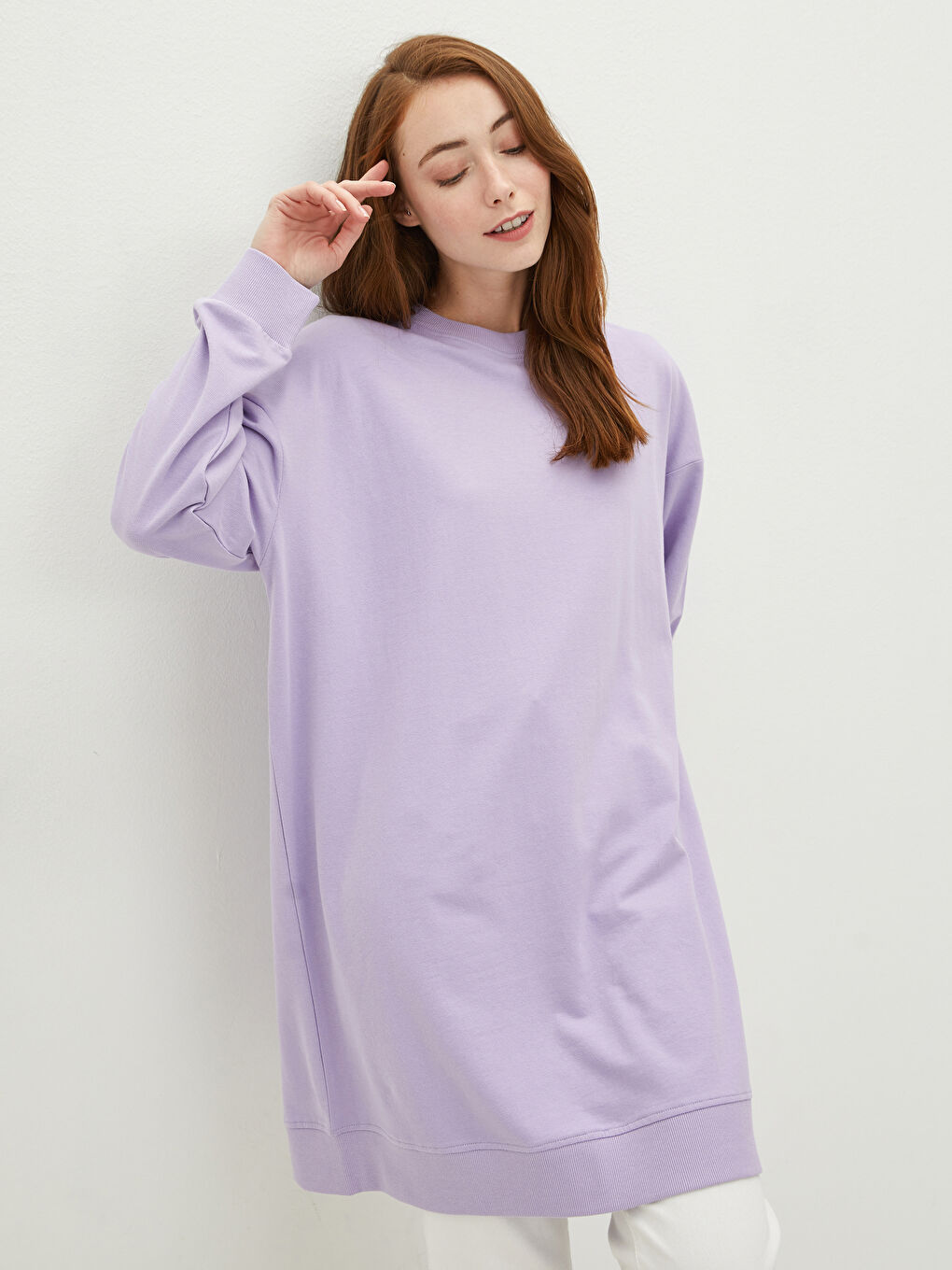 Crew Neck Plain Long Sleeve Women's Sweatshirt Tunic -S1ET17Z8-QTW